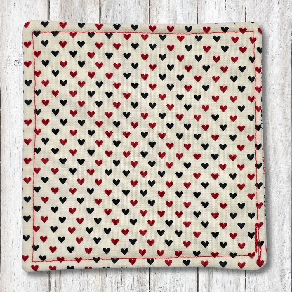 Red and black heart fabric coasters