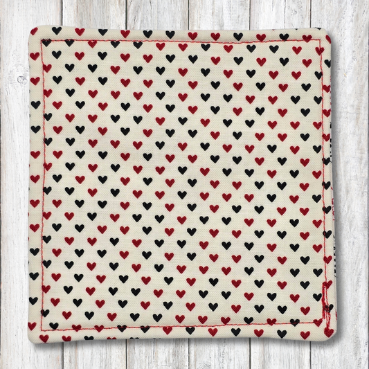 Red and black heart fabric coasters
