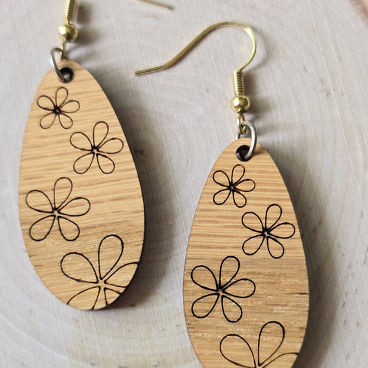 Red oak hardwood elongated tear drop floral earrings - $20.00 - Moon Cabin Creations