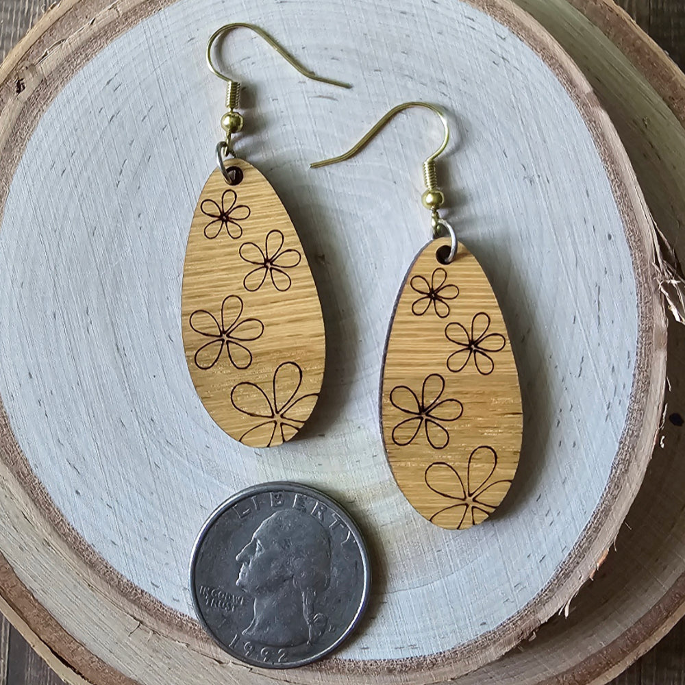 Red oak hardwood elongated tear drop floral earrings - $20.00 - Moon Cabin Creations