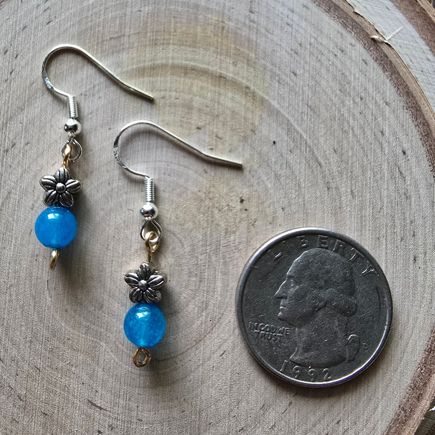 Turquoise quartz and metal flower dangle earrings - $5.00 - Moon Cabin Creations