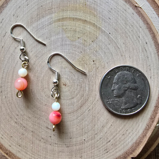 Pink and white shell dangle earrings - $5.00 - Moon Cabin Creations