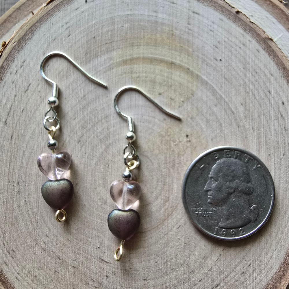 Iridescent purple and clear heart Czech dangle earrings - $5.00 - Moon Cabin Creations