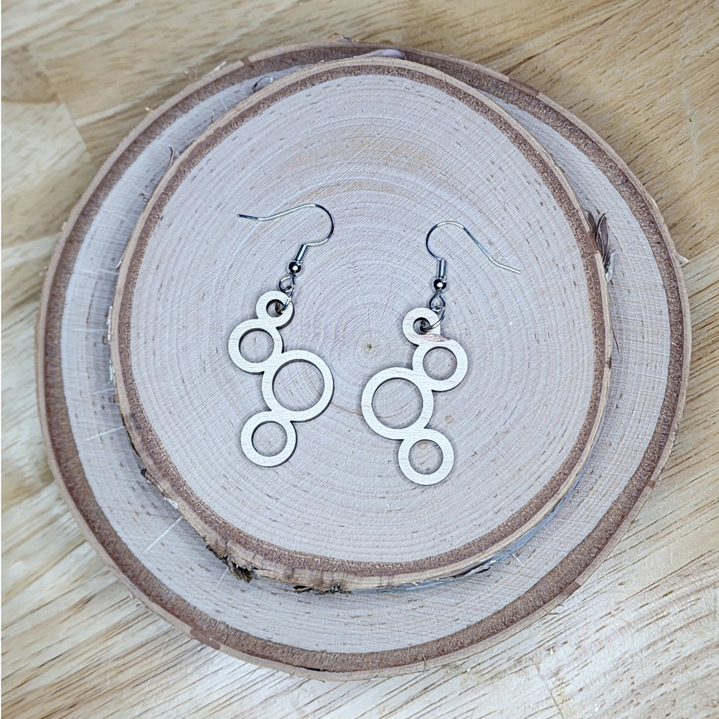 Circle geometric dangle earrings with nickel free ear wires, choice of walnut or maple - $10.00 - Moon Cabin Creations