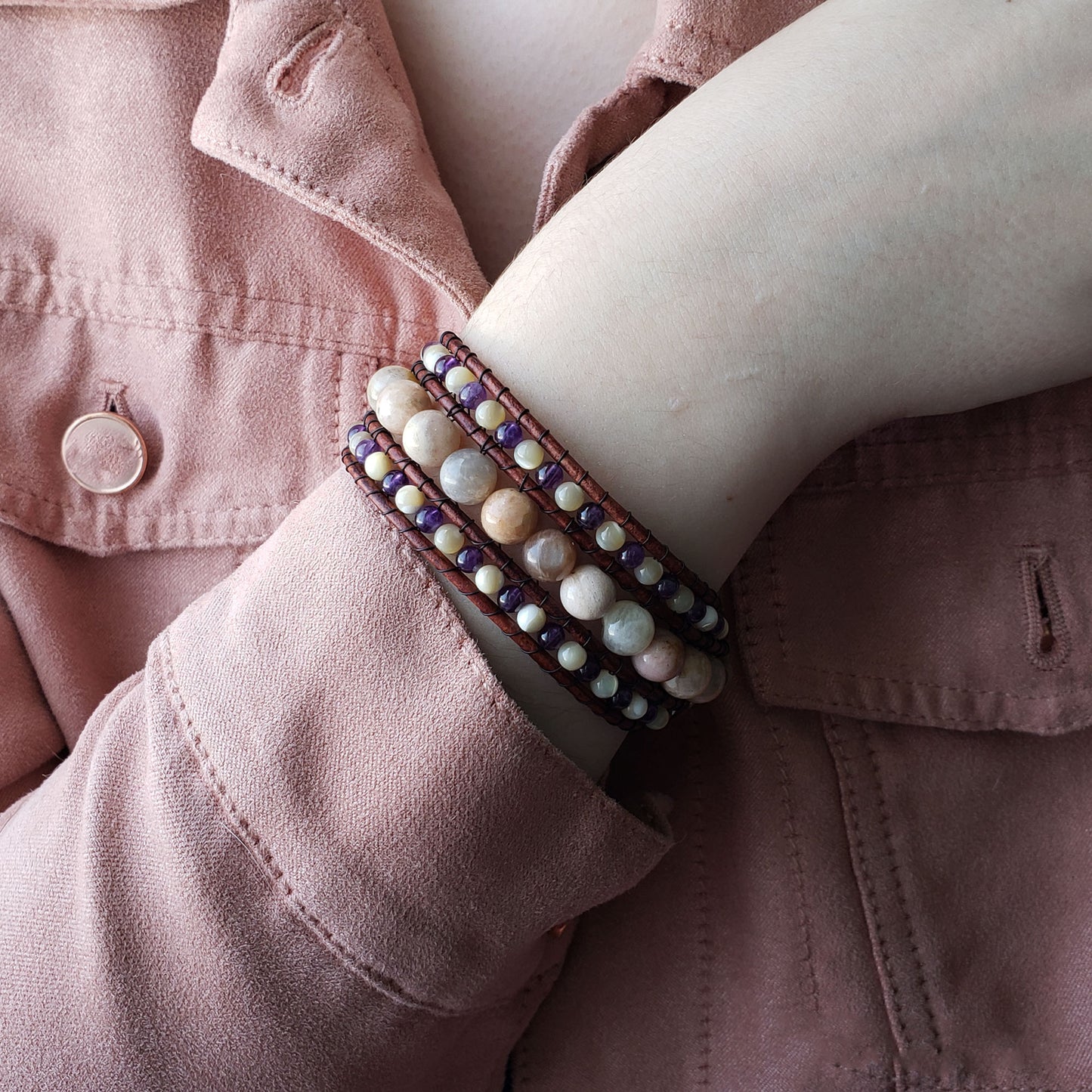 Sunstone, amethyst, mother of pearl cuff bracelet - $50.00 - Moon Cabin Creations