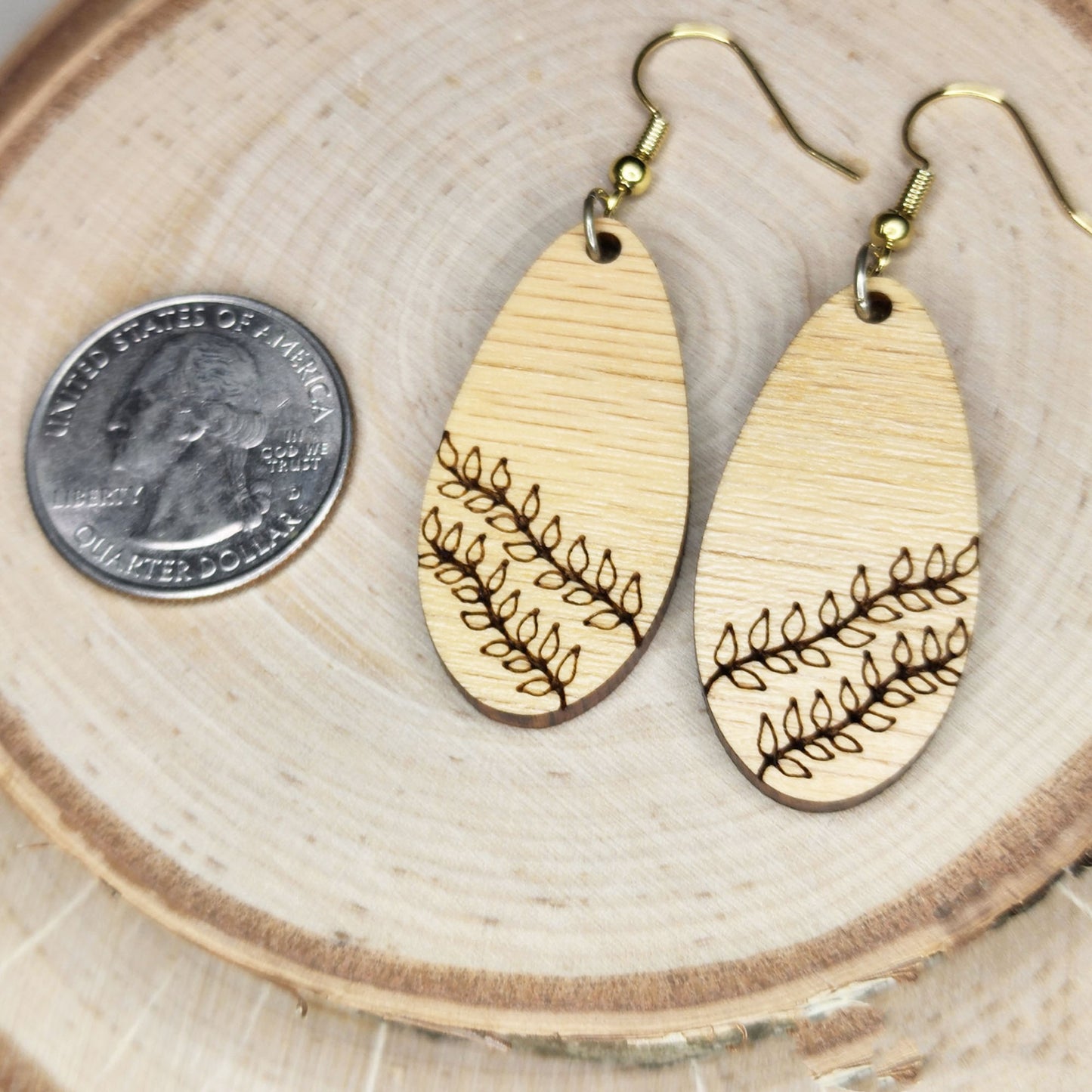 Red oak hardwood elongated teardrop vine engraved dangle earrings - $20.00 - Moon Cabin Creations