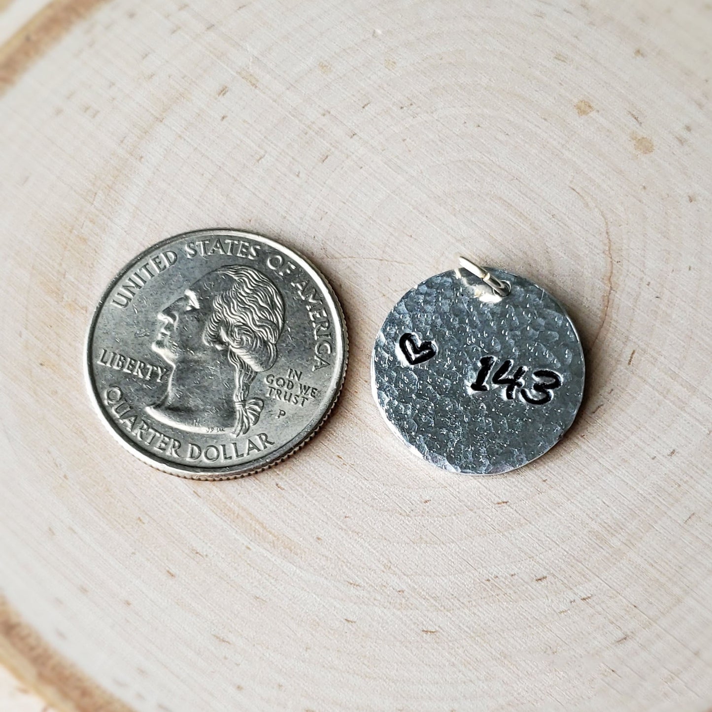 Hand-stamped "143" round aluminum pendant - $5.00 - Moon Cabin Creations