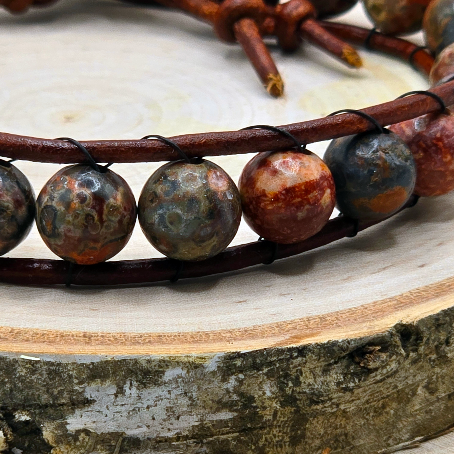Leopard jasper single wrap leather bracelet - $25.00 - Moon Cabin Creations