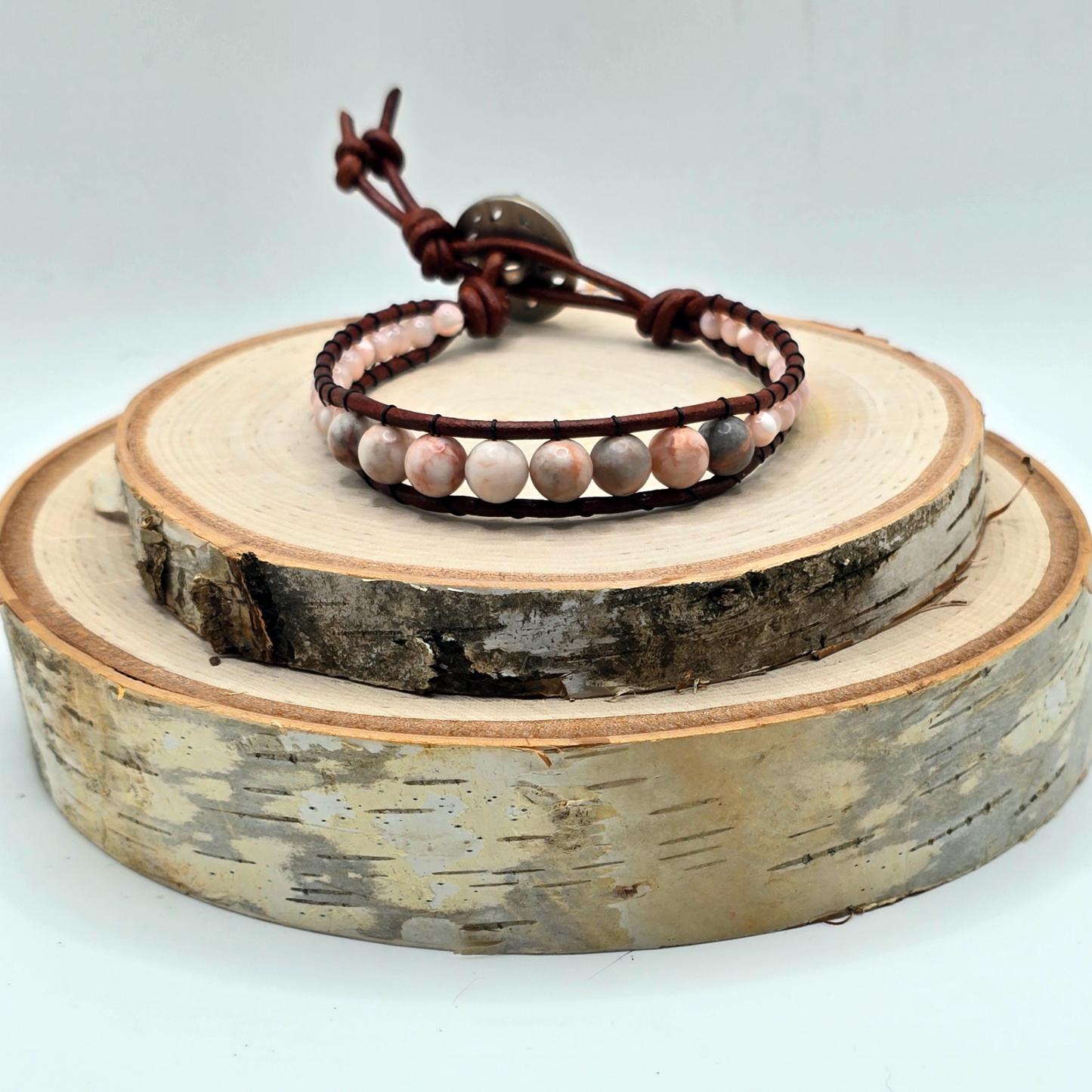 Zebra jasper and mother of pearl graduated single wrap leather bracelet - $25.00 - Moon Cabin Creations