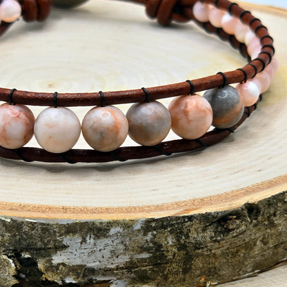 Zebra jasper and mother of pearl graduated single wrap leather bracelet - $25.00 - Moon Cabin Creations