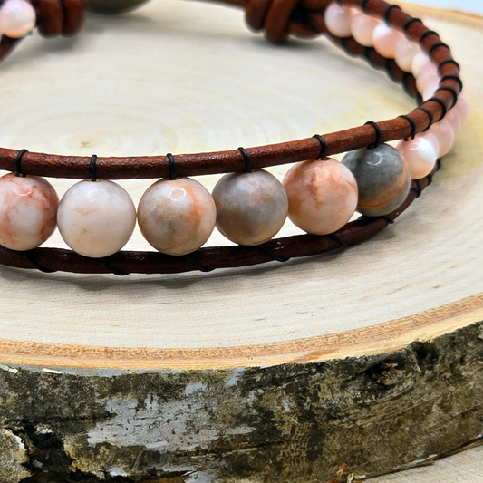 Zebra jasper and mother of pearl graduated single wrap leather bracelet - $25.00 - Moon Cabin Creations