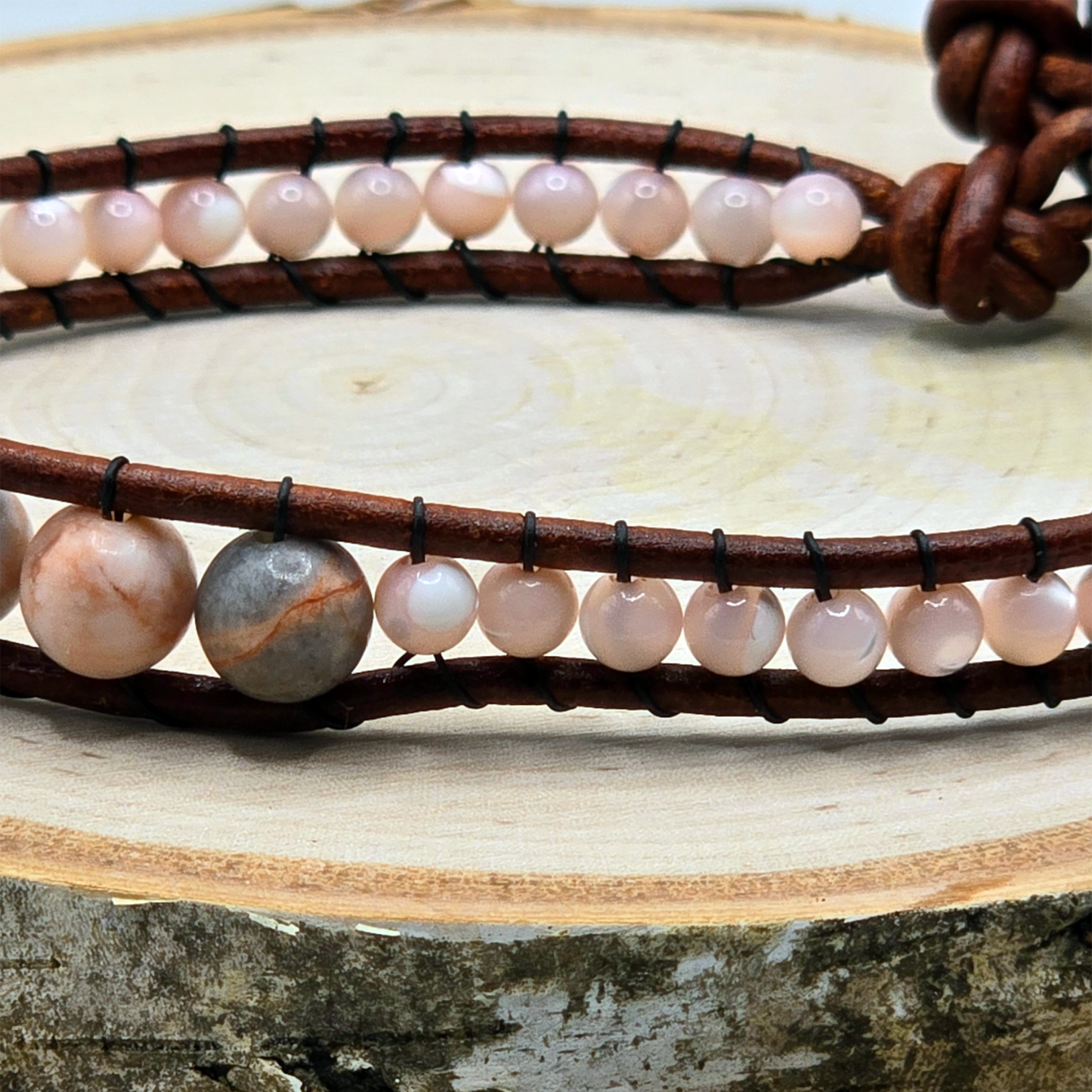 Zebra jasper and mother of pearl graduated single wrap leather bracelet - $25.00 - Moon Cabin Creations