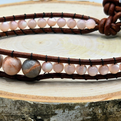 Zebra jasper and mother of pearl graduated single wrap leather bracelet - $25.00 - Moon Cabin Creations