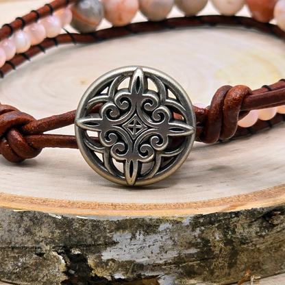 Zebra jasper and mother of pearl graduated single wrap leather bracelet - $25.00 - Moon Cabin Creations