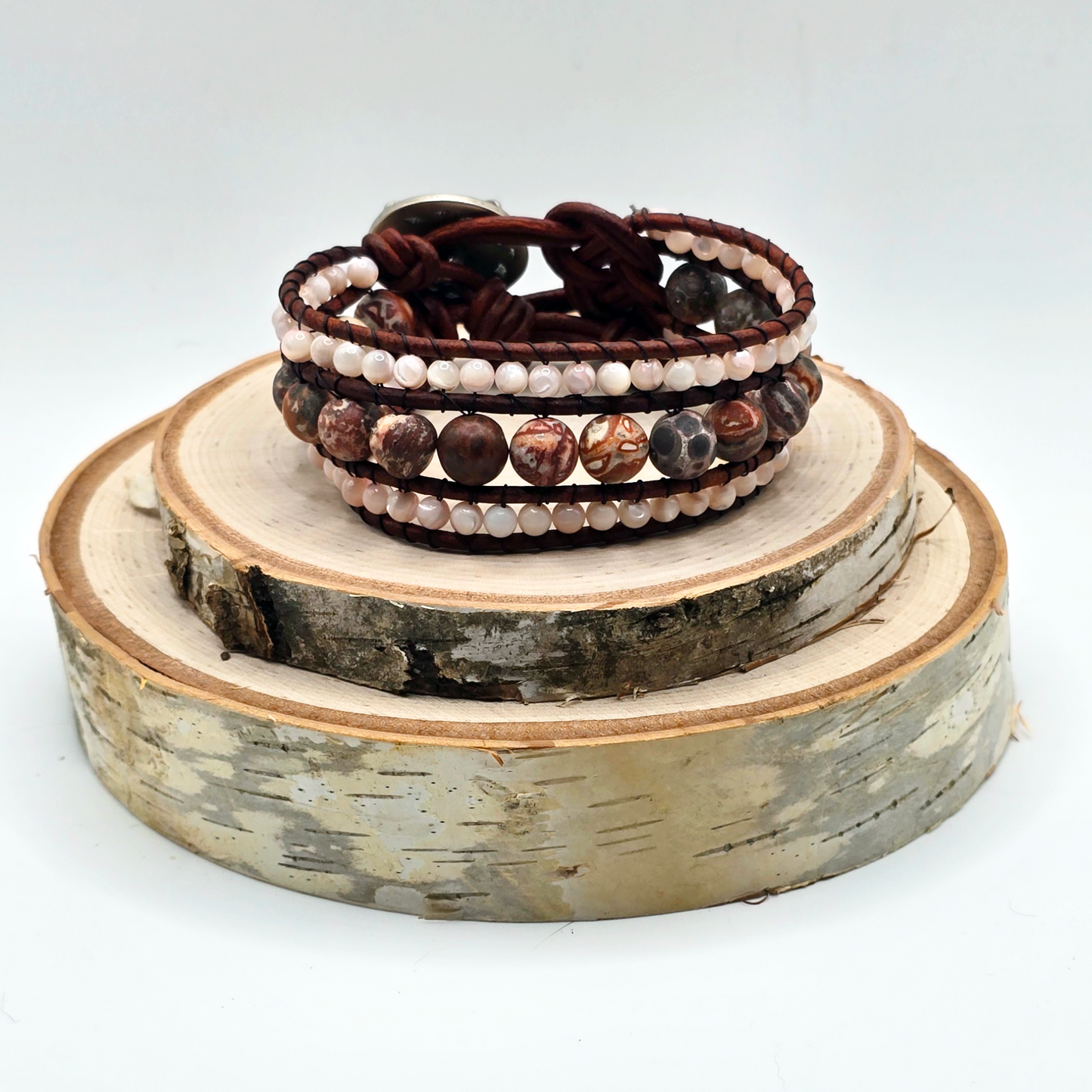 Leopard jasper and mother of pearl leather cuff bracelet - $50.00 - Moon Cabin Creations