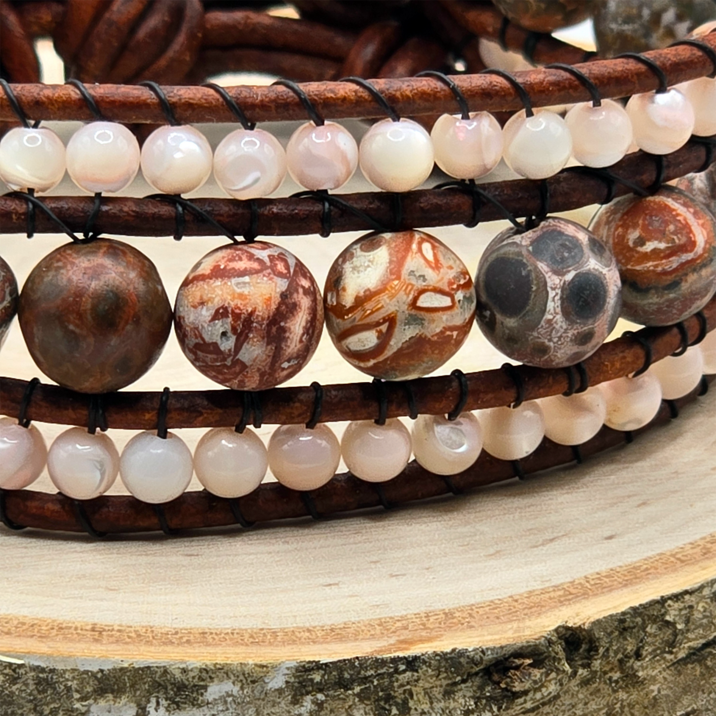 Leopard jasper and mother of pearl leather cuff bracelet - $50.00 - Moon Cabin Creations