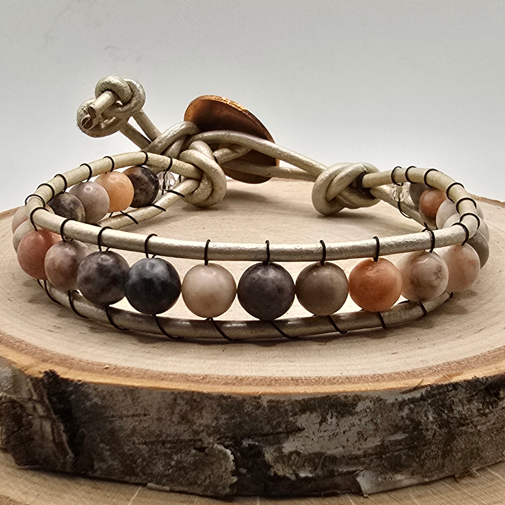 Zebra stone and silvertone leather single wrap bracelet - $25.00 - Moon Cabin Creations