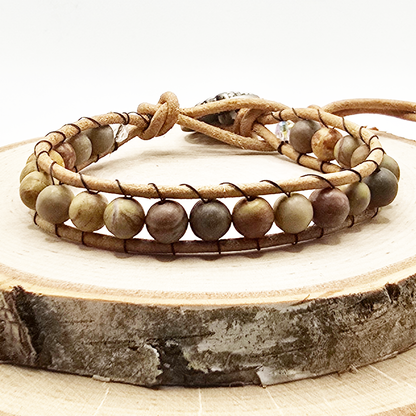 Chinese rainbow jasper single wrap leather bracelet - $25.00 - Moon Cabin Creations