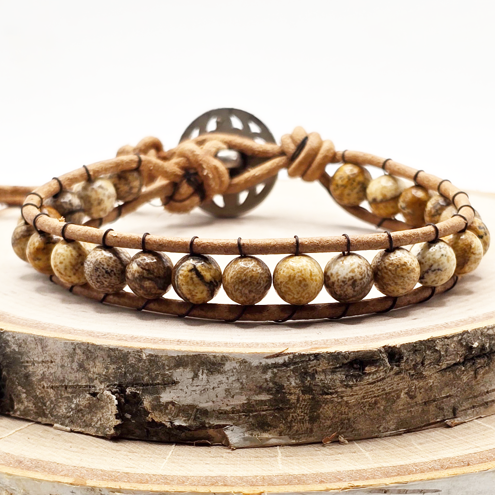 Picture jasper single wrap leather bracelet - $25.00 - Moon Cabin Creations