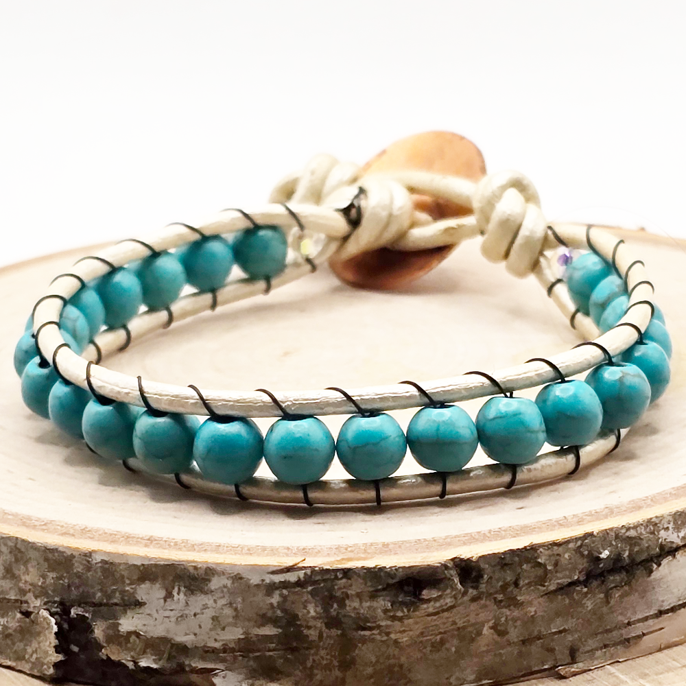 Turqouise dyed howlite single wrap leather bracelet - $25.00 - Moon Cabin Creations