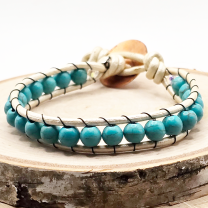 Turqouise dyed howlite single wrap leather bracelet - $25.00 - Moon Cabin Creations