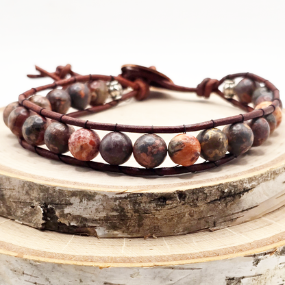 Men's leopard jasper single wrap leather bracelet - $30.00 - Moon Cabin Creations