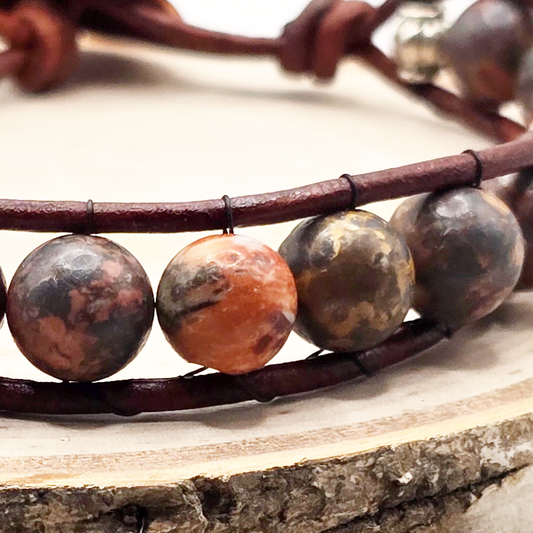 Men's leopard jasper single wrap leather bracelet - $30.00 - Moon Cabin Creations