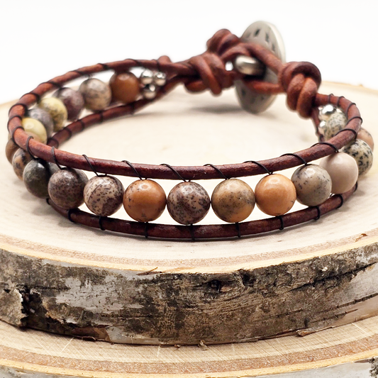 Picture jasper single wrap leather bracelet - $25.00 - Moon Cabin Creations