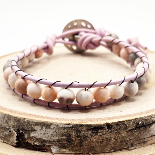 Pink zebra stone single wrap leather bracelet - $25.00 - Moon Cabin Creations