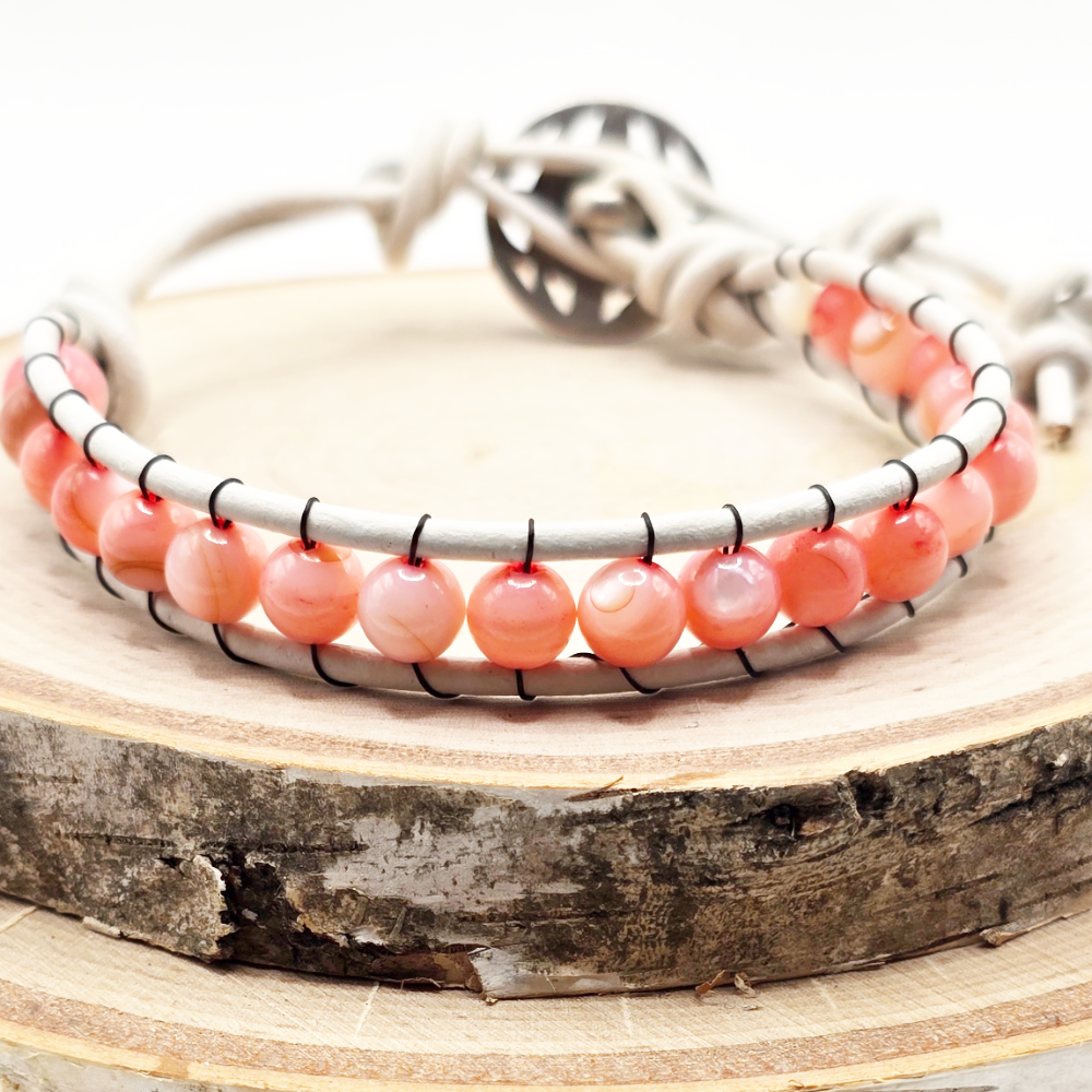 Pink shell single wrap leather bracelet - $25.00 - Moon Cabin Creations