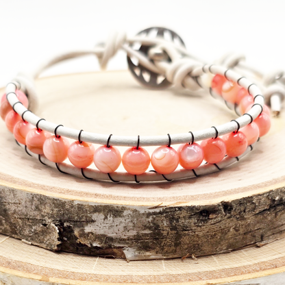 Pink shell single wrap leather bracelet - $25.00 - Moon Cabin Creations