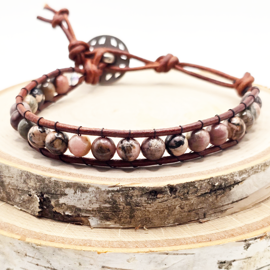 Rhodonite single wrap leather bracelet - $25.00 - Moon Cabin Creations