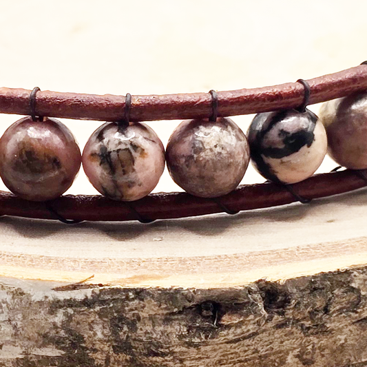 Rhodonite single wrap leather bracelet - $25.00 - Moon Cabin Creations
