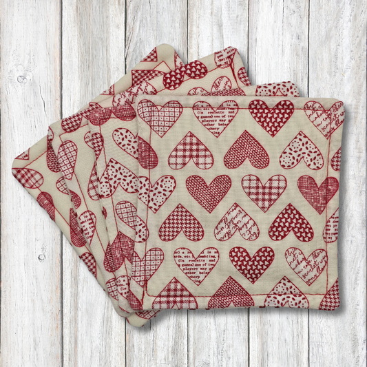 Red and white heart fabric coasters