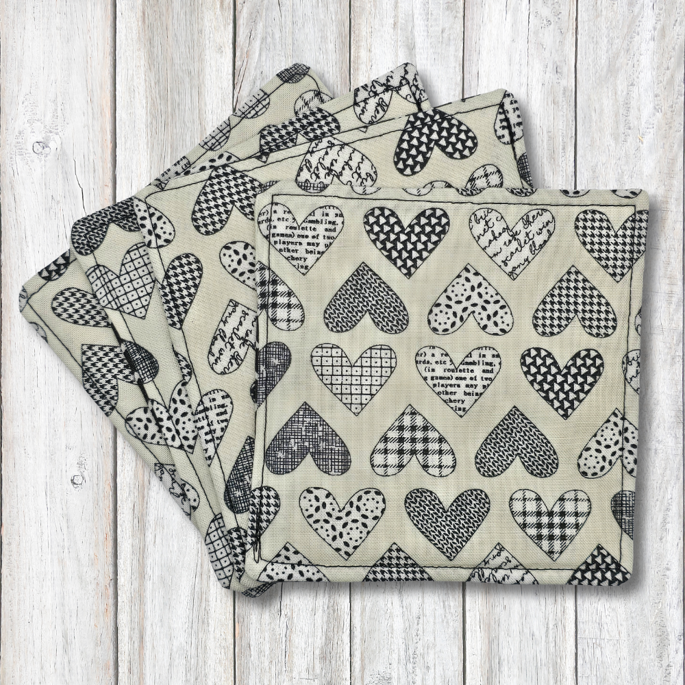 Black and white heart fabric coasters