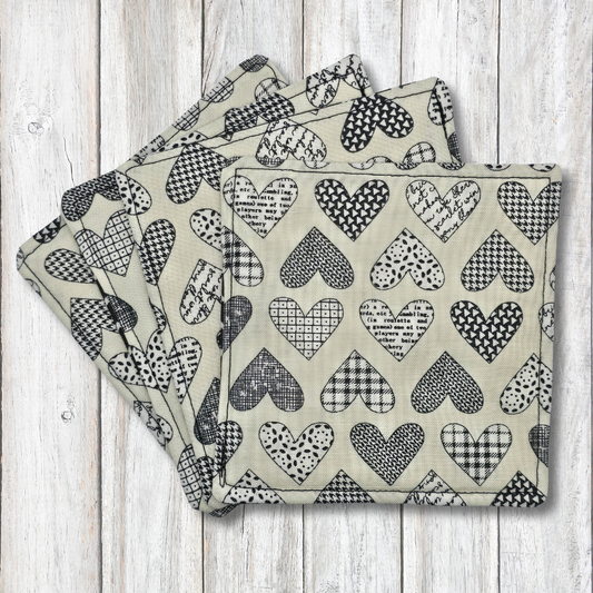 Black and white heart fabric coasters