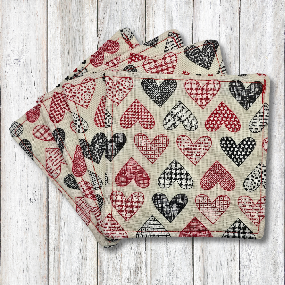 Red and black heart fabric coasters