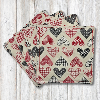 Red and black heart fabric coasters