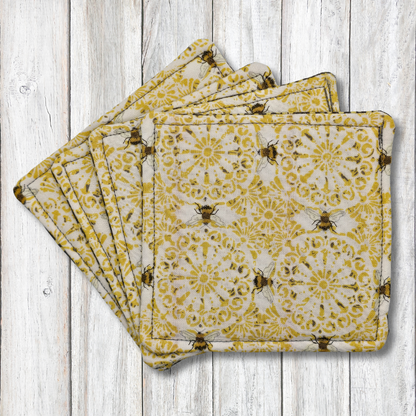 Bee and medallion fabric coasters