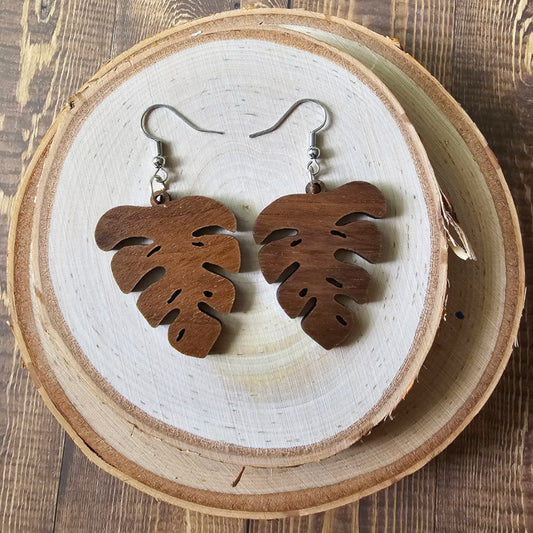Hardwood monstera earrings, choice of maple or walnut - $20.00 - Moon Cabin Creations