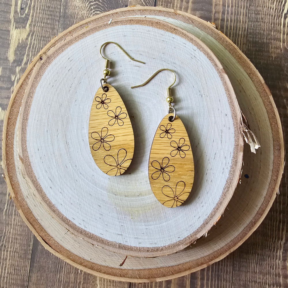 Red oak hardwood elongated tear drop floral earrings - $20.00 - Moon Cabin Creations