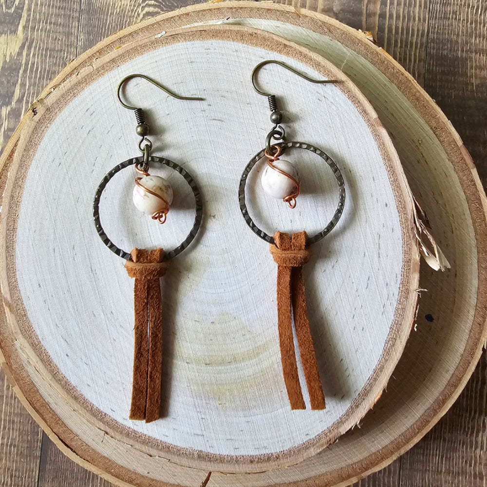 Zebra stone and leather earrings - $15.00 - Moon Cabin Creations
