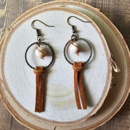 Zebra stone and leather earrings - $15.00 - Moon Cabin Creations