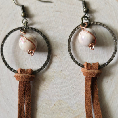 Zebra stone and leather earrings - $15.00 - Moon Cabin Creations