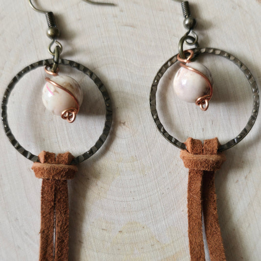 Zebra stone and leather earrings - $15.00 - Moon Cabin Creations