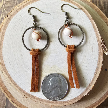 Zebra stone and leather earrings - $15.00 - Moon Cabin Creations