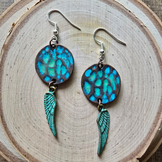 Patina metal disc and angel wing dangle earrings - $15.00 - Moon Cabin Creations