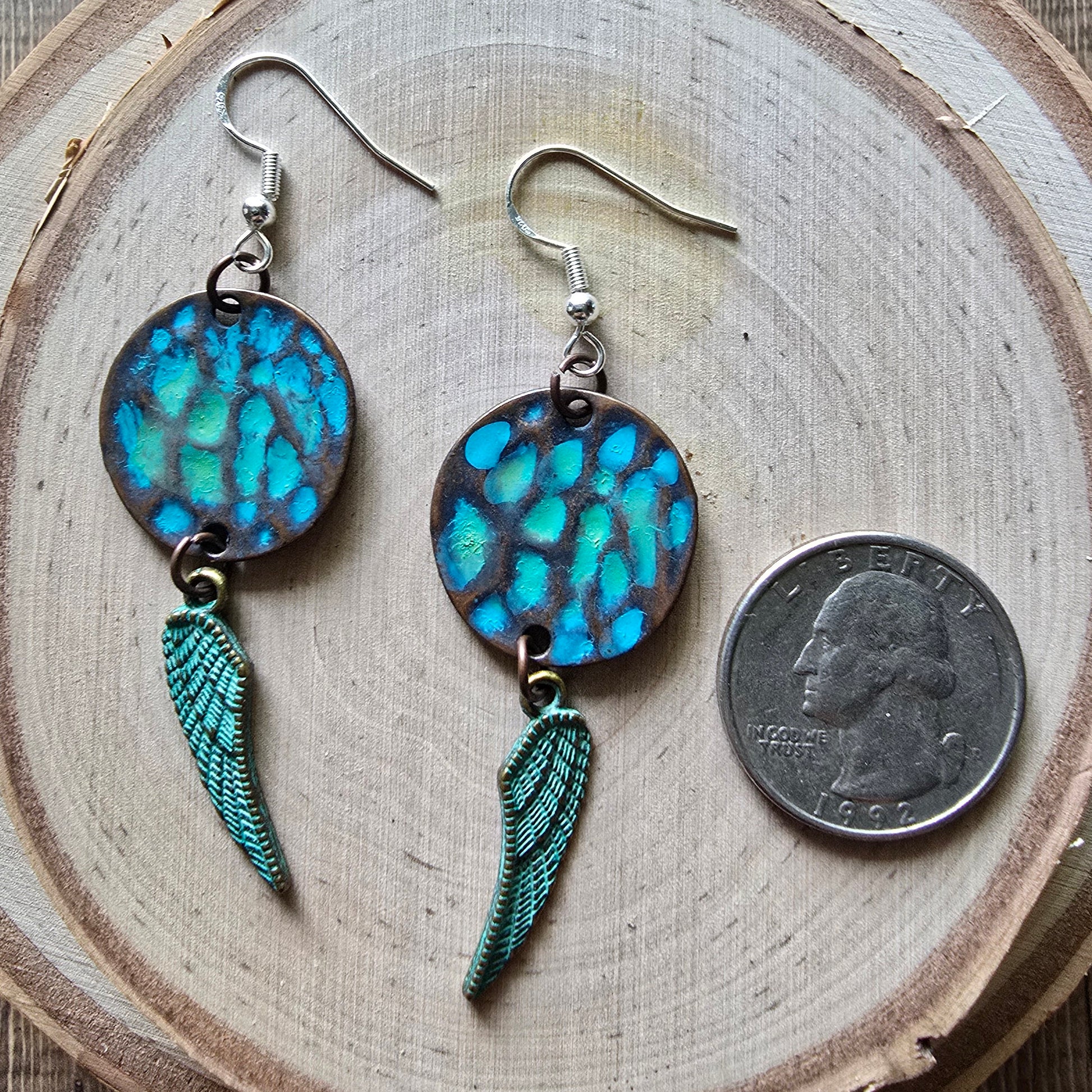 Patina metal disc and angel wing dangle earrings - $15.00 - Moon Cabin Creations