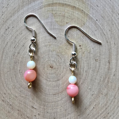 Pink and white shell dangle earrings - $5.00 - Moon Cabin Creations