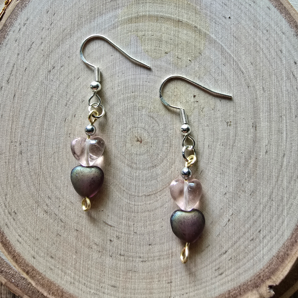 Iridescent purple and clear heart Czech dangle earrings - $5.00 - Moon Cabin Creations